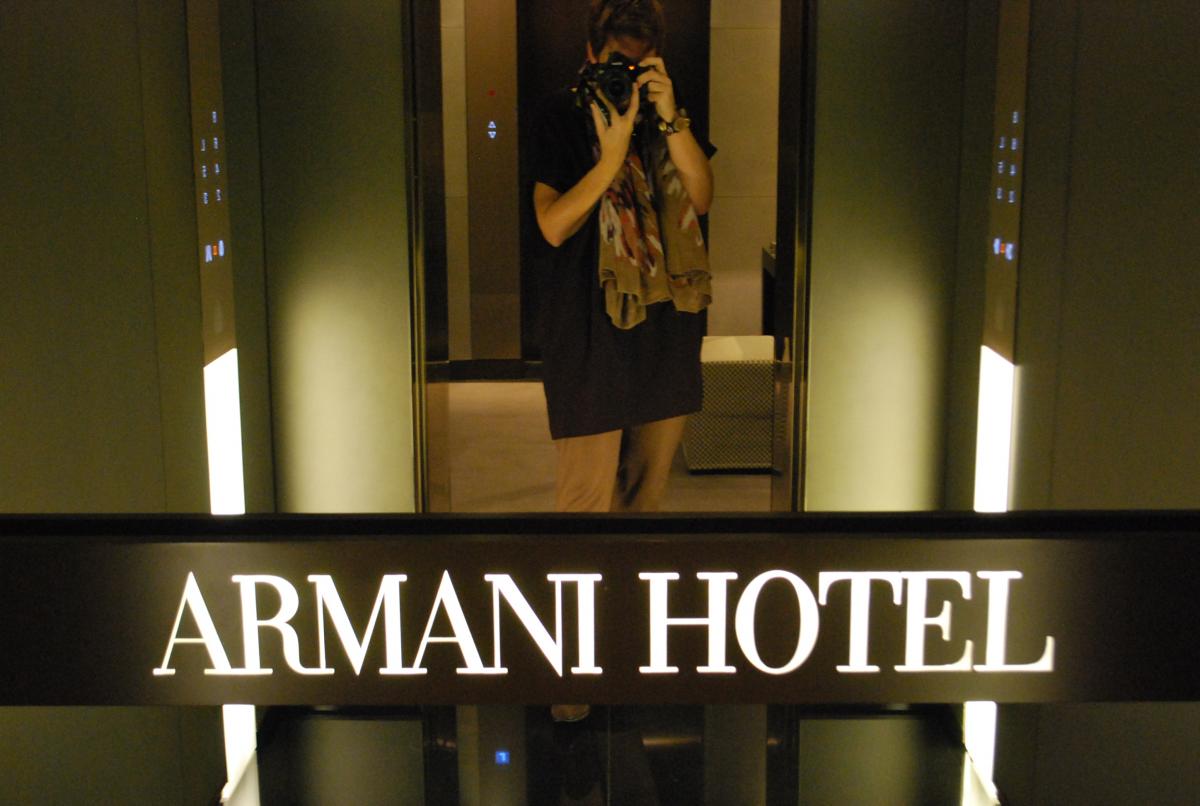 Me in the elevator of the Armani Hotel in Milan