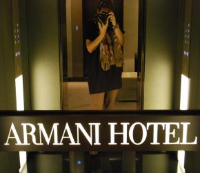 Me in the elevator of the Armani Hotel in Milan